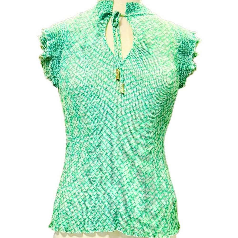 DKNY MSRP $53 Casual Green Short Sleeve Top Green  RIbbed White Gold Tips Small